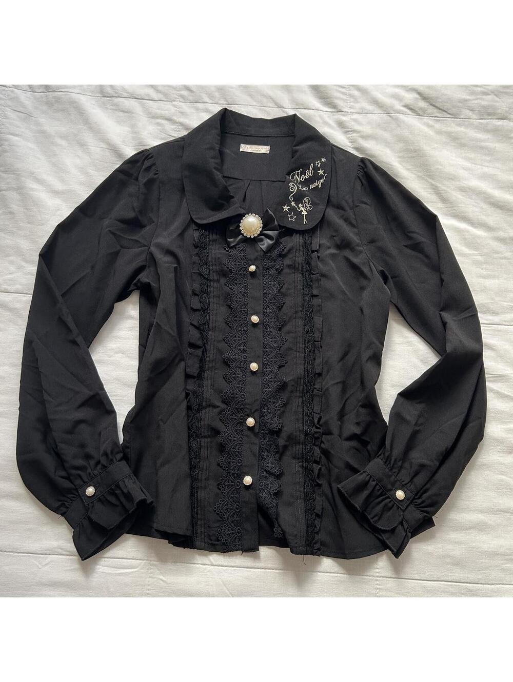 Axes Femme Black Embroidered Collar Lace Pearl Bow Blouse Medium Japan